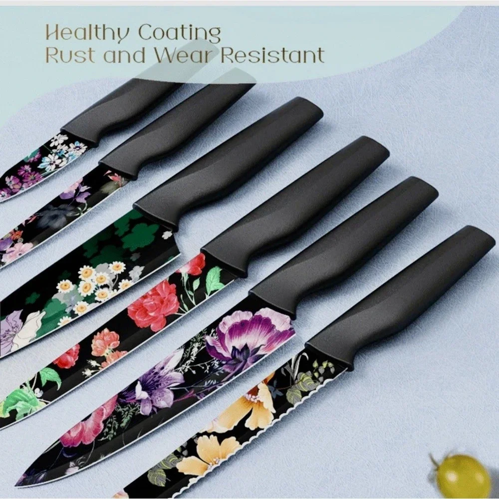 Astercook Knife Set 6 Piece Flower Kitchen Stainless Steel 6 Blade Guards Black
